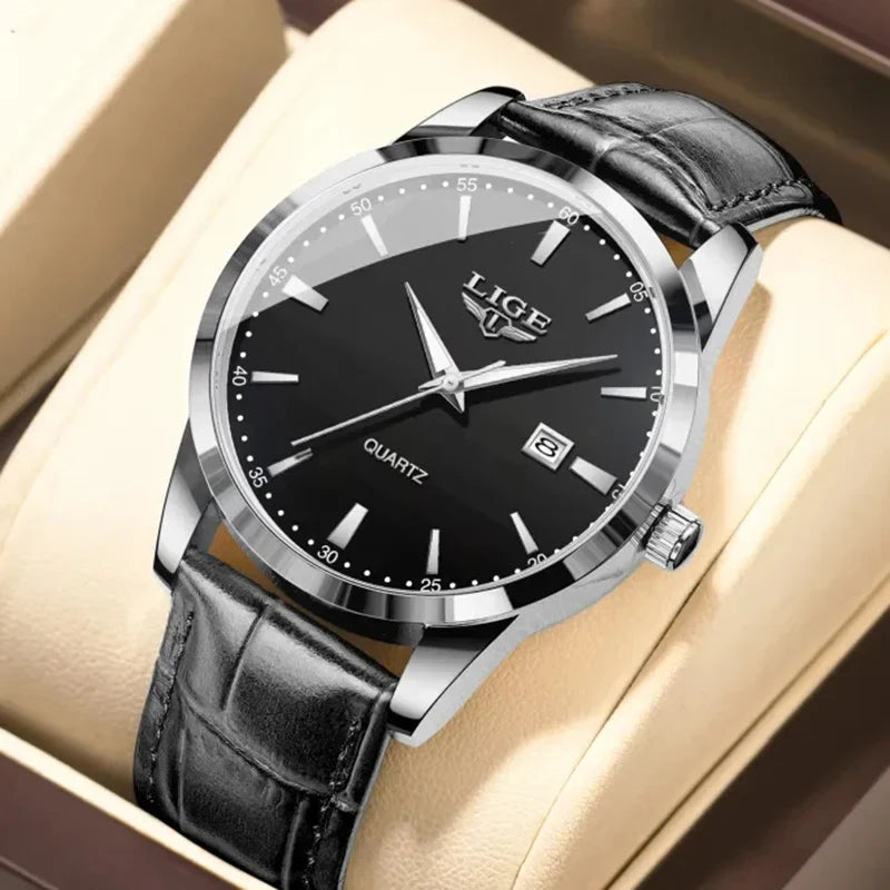 Relógio LIGE para Homem, Marca Top de Luxo, Relógio de Pulso em Pele Preta para Homem, Estilo Militar Desportivo, Resistente à Água, Quartzo.