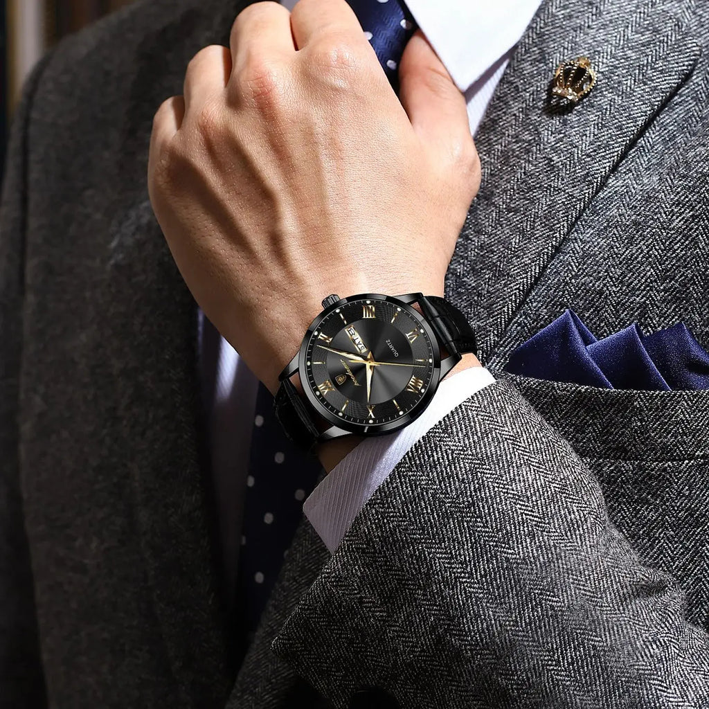 Relógio de pulso de luxo POEDAGAR para homem, à prova de água, com luminescência, data e indicador de semana, em pele, com mecanismo de quartzo. Um relógio de pulso masculino requintado.