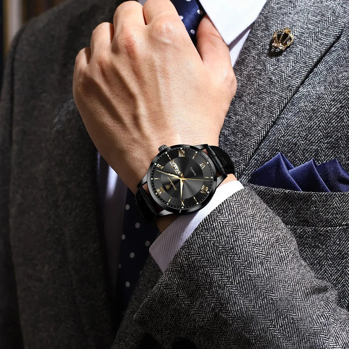 Relógio de pulso de luxo POEDAGAR para homem, à prova de água, com luminescência, data e indicador de semana, em pele, com mecanismo de quartzo. Um relógio de pulso masculino requintado.