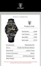 Relógio de pulso de luxo POEDAGAR para homem, à prova de água, com luminescência, data e indicador de semana, em pele, com mecanismo de quartzo. Um relógio de pulso masculino requintado.