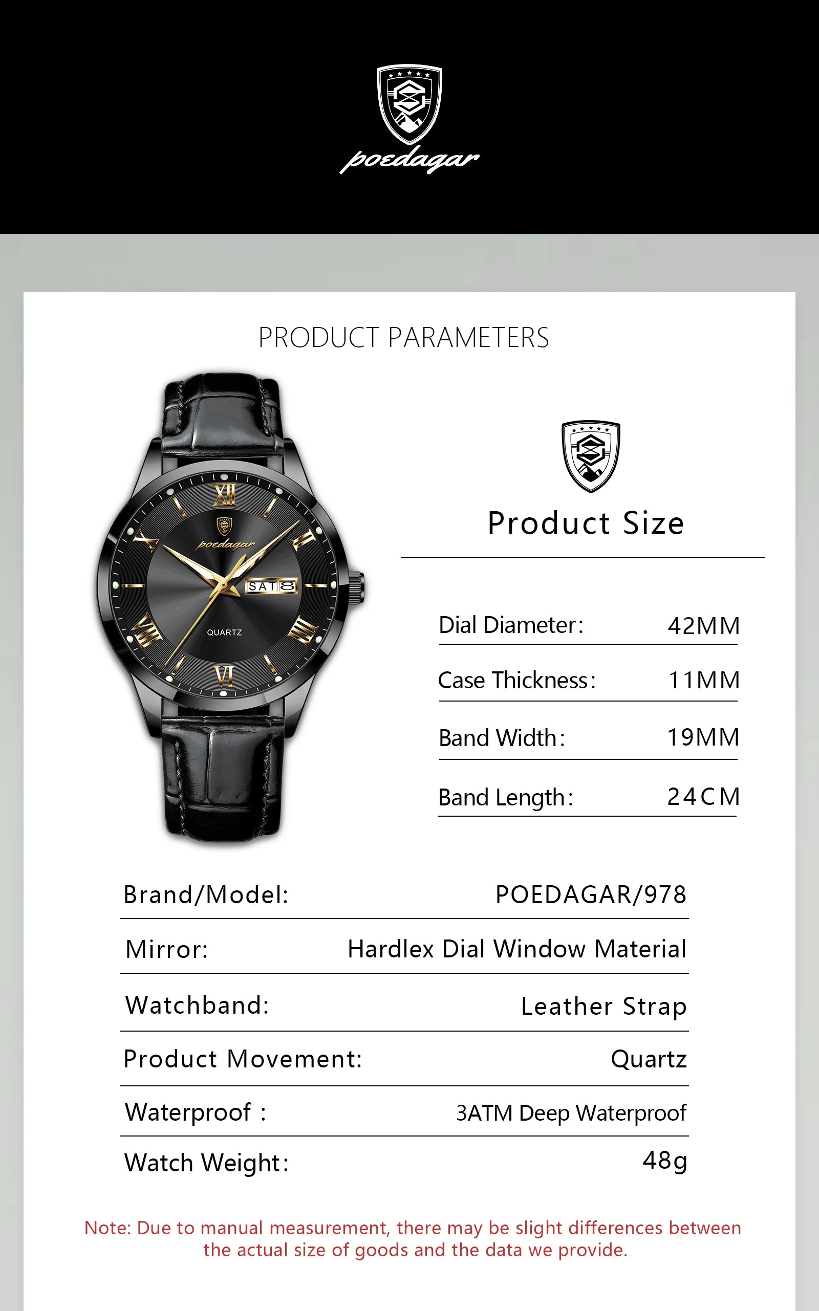 Relógio de pulso de luxo POEDAGAR para homem, à prova de água, com luminescência, data e indicador de semana, em pele, com mecanismo de quartzo. Um relógio de pulso masculino requintado.