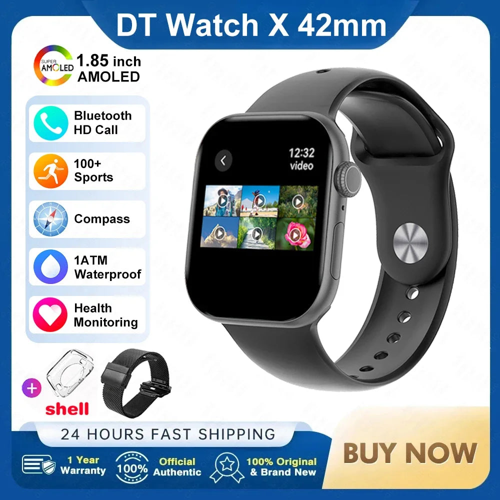 Novo Smartwatch DT Watch X Mini com Menu 3D, Vídeo, TWS, IA, Voz, Bússola, Teste de Saúde e Desporto, Música e Ecrã AMOLED de 1,85 polegadas para Mulher.