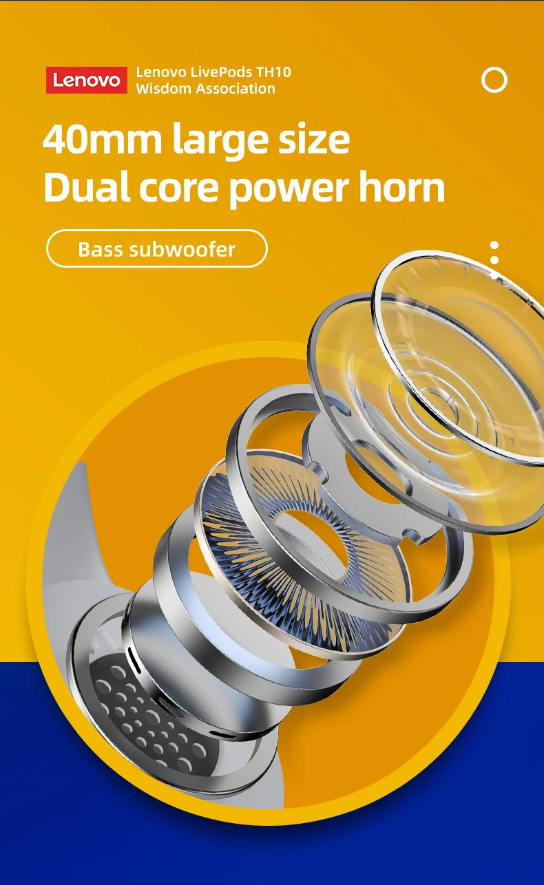 Auscultador estéreo Lenovo Thinkplus TH10 TWS com baixa latência e longa duração da bateria, ideal para jogos e música. Possui microfone integrado.