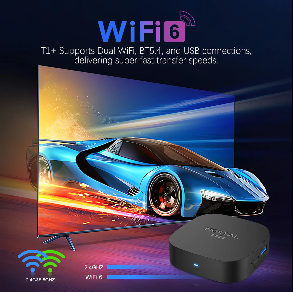 Novo T1+ 8K HD TV Box 2025 com Android 16.0, processador RK3518 Quad Core, 8GB de RAM, 128GB de ROM, Wi-Fi duplo 2.4G/5.8G e leitor de multimédia para cinema em casa.