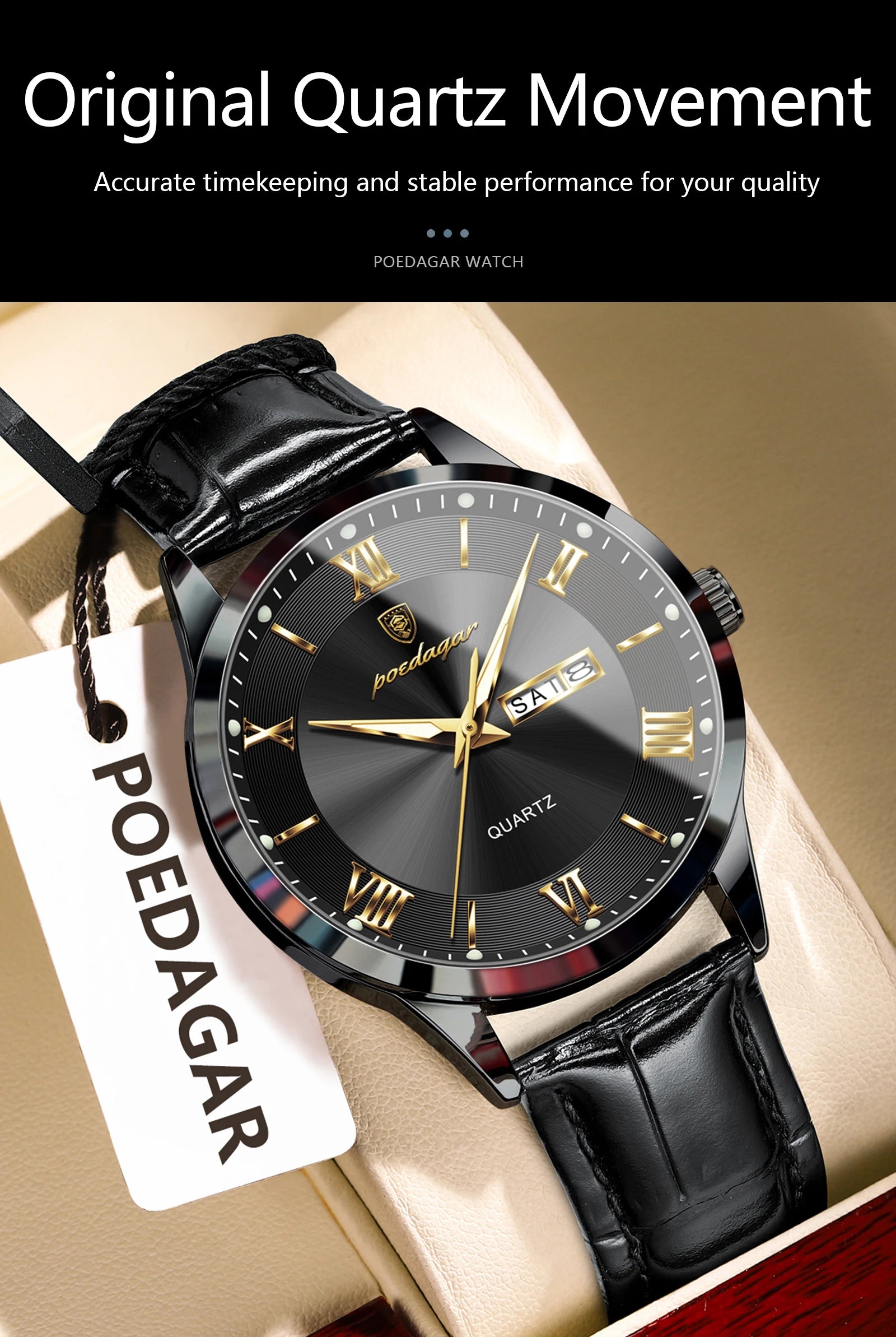 Relógio de pulso de luxo POEDAGAR para homem, à prova de água, com luminescência, data e indicador de semana, em pele, com mecanismo de quartzo. Um relógio de pulso masculino requintado.