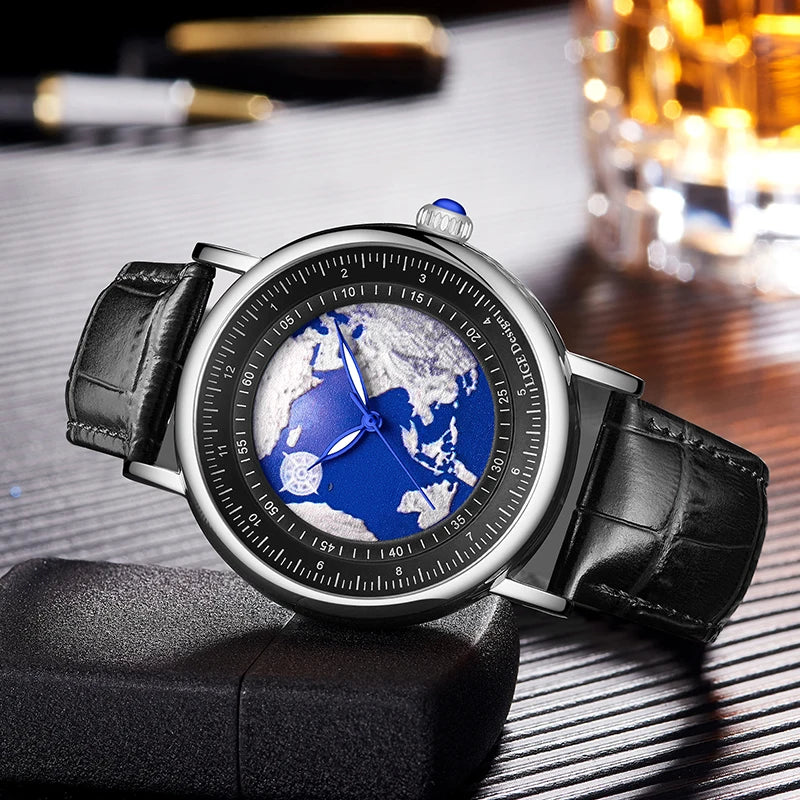 Relógio de pulso para homem LIGE Fashion Casual Quartz, em pele, luxuoso, estilo militar, desportivo, à prova de água, com um design inspirado na Terra e no Oceano.