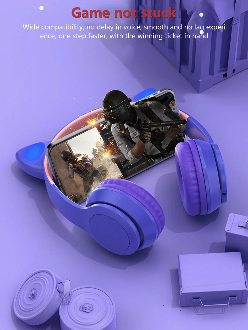 Auscultadores com tecnologia sem fios, Jerry Chip, brilhando intensamente, auscultadores sem fios com orelhas de gato