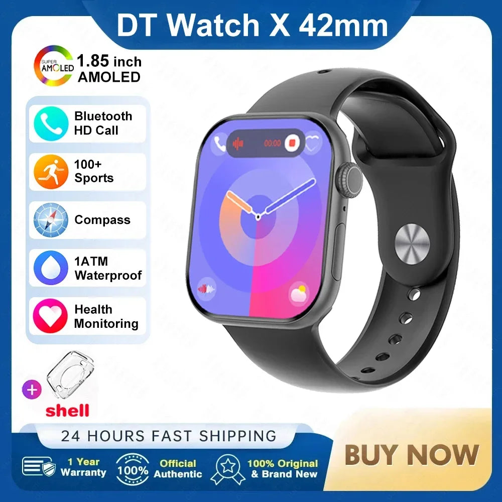 Novo Smartwatch DT Watch X Mini com Menu 3D, Vídeo, TWS, IA, Voz, Bússola, Teste de Saúde e Desporto, Música e Ecrã AMOLED de 1,85 polegadas para Mulher.