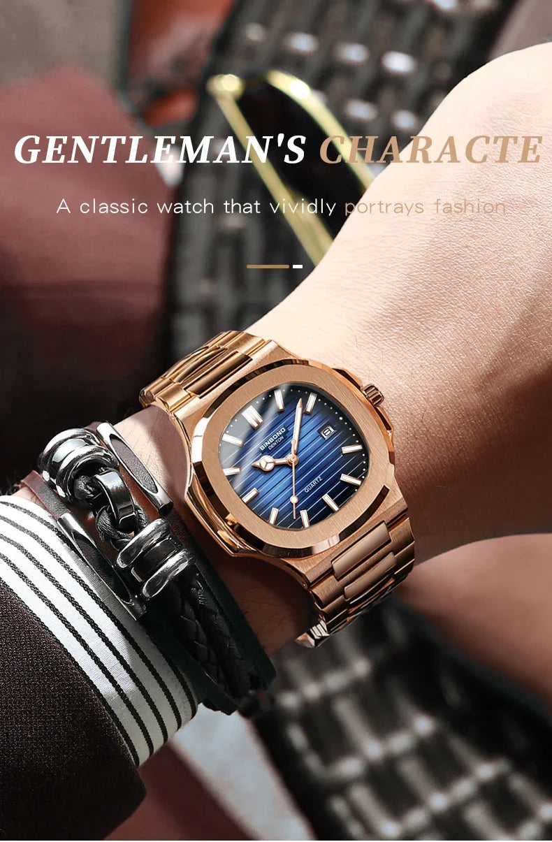 Novo relógio masculino casual de negócios em ouro rosa