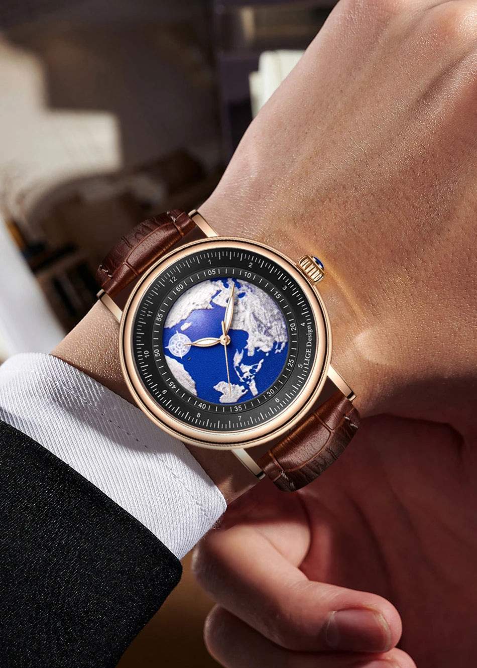 Relógio de pulso para homem LIGE Fashion Casual Quartz, em pele, luxuoso, estilo militar, desportivo, à prova de água, com um design inspirado na Terra e no Oceano.