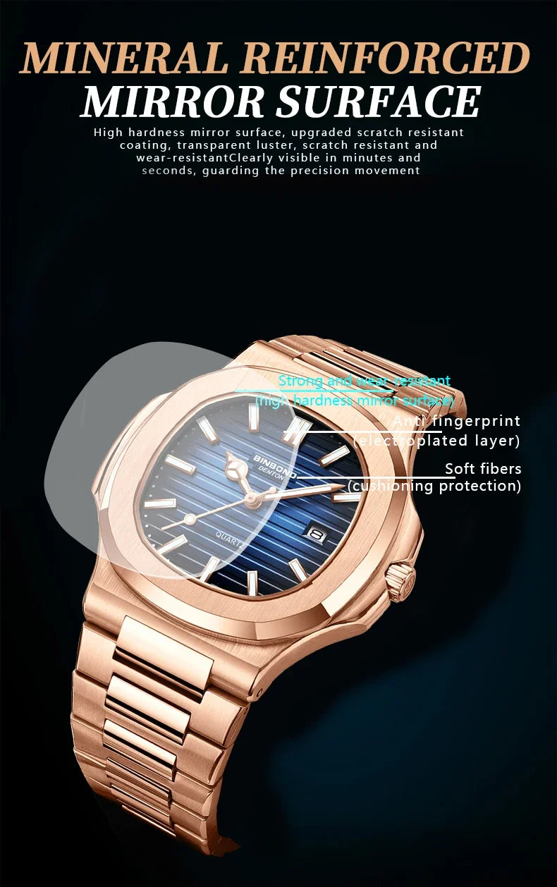 Novo relógio masculino casual de negócios em ouro rosa