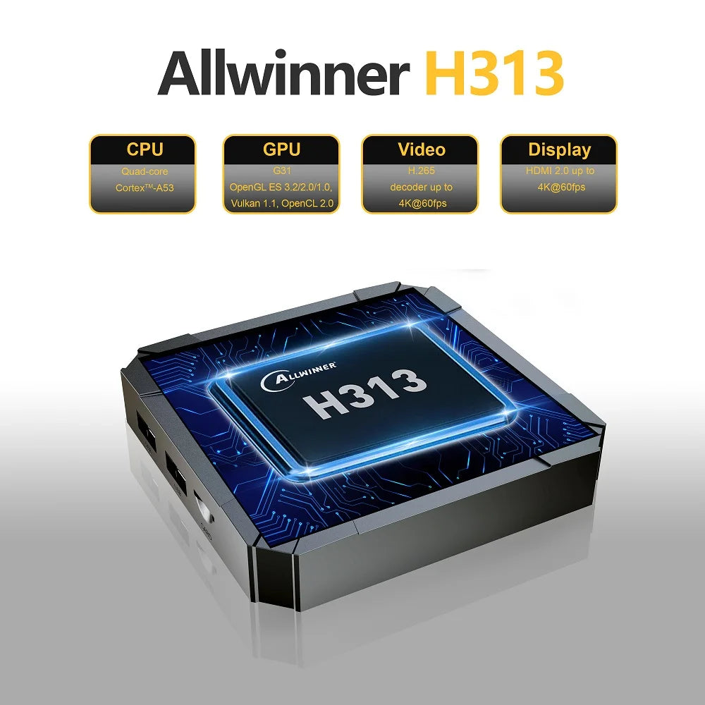 Android 14 TV Box Allwinner H313 2GB 16GB 4K Media Player com Comando Remoto por Voz ATV STB Dual-Band WiFi 2.4G 5G Smart Set Top Box