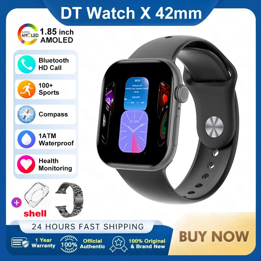 Novo Smartwatch DT Watch X Mini com Menu 3D, Vídeo, TWS, IA, Voz, Bússola, Teste de Saúde e Desporto, Música e Ecrã AMOLED de 1,85 polegadas para Mulher.