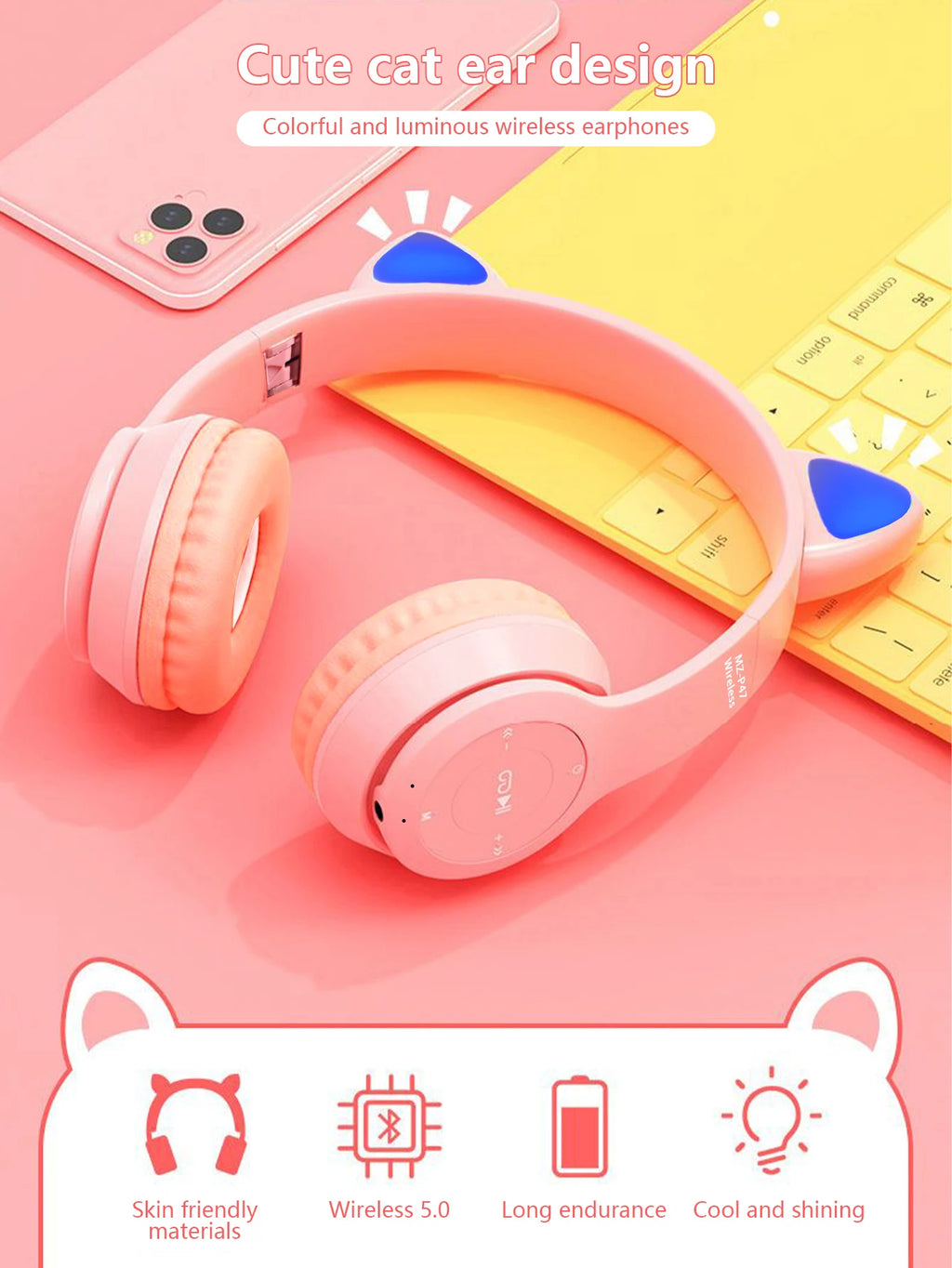 Auscultadores com tecnologia sem fios, Jerry Chip, brilhando intensamente, auscultadores sem fios com orelhas de gato