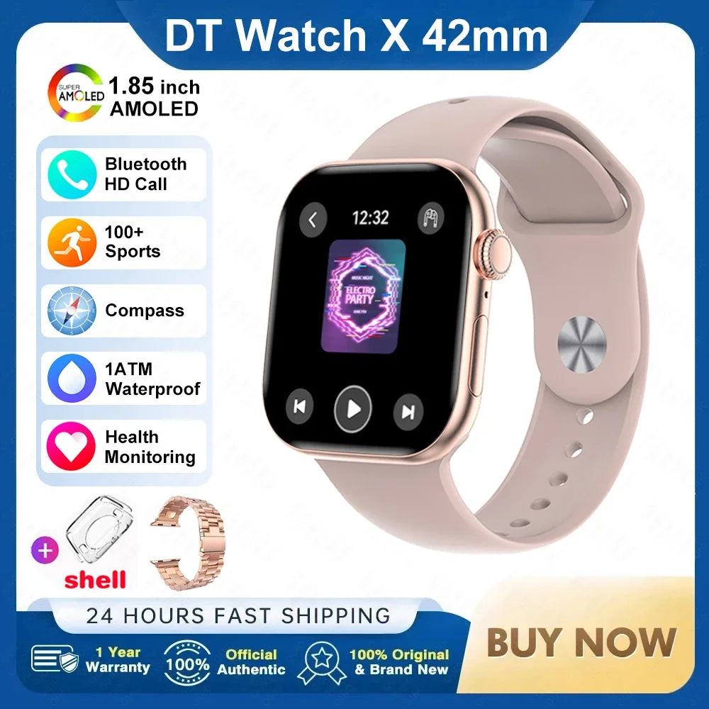 Novo Smartwatch DT Watch X Mini com Menu 3D, Vídeo, TWS, IA, Voz, Bússola, Teste de Saúde e Desporto, Música e Ecrã AMOLED de 1,85 polegadas para Mulher.