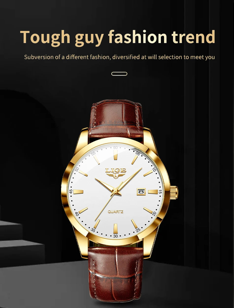Relógio LIGE para Homem, Marca Top de Luxo, Relógio de Pulso em Pele Preta para Homem, Estilo Militar Desportivo, Resistente à Água, Quartzo.