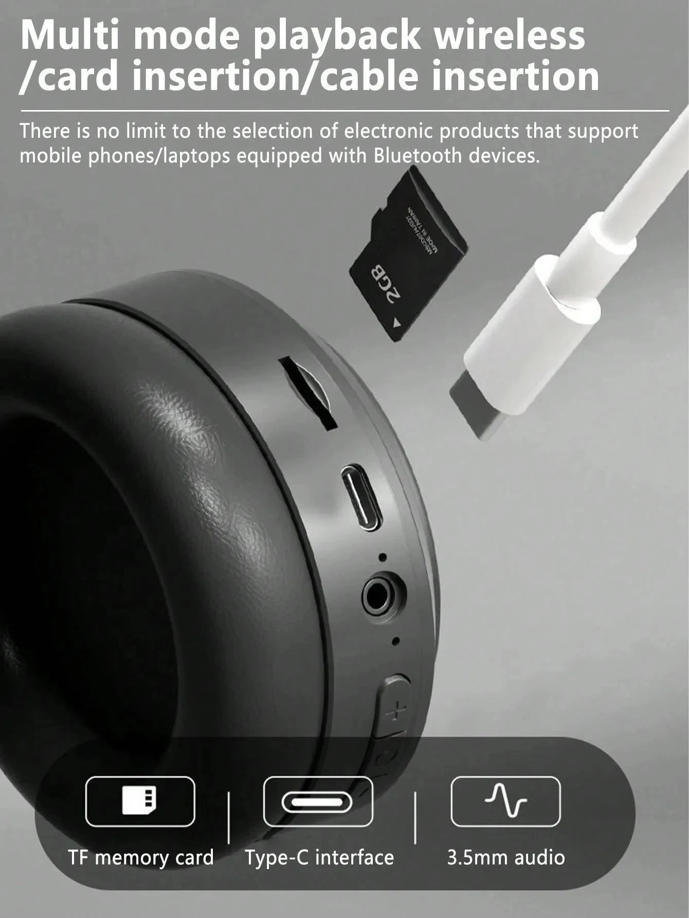 Auriculares sem fios Bluetooth 5.3 HiFi Stereo com suporte para cartão TF, cancelamento de ruído, dobráveis e com microcontrolador.