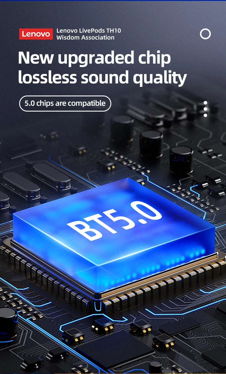 Auscultador estéreo Lenovo Thinkplus TH10 TWS com baixa latência e longa duração da bateria, ideal para jogos e música. Possui microfone integrado.