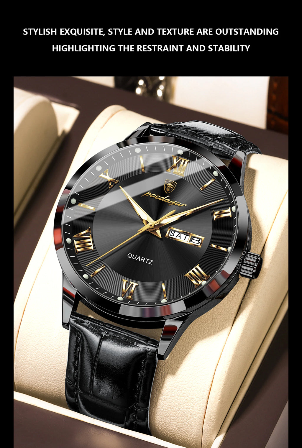 Relógio de pulso de luxo POEDAGAR para homem, à prova de água, com luminescência, data e indicador de semana, em pele, com mecanismo de quartzo. Um relógio de pulso masculino requintado.