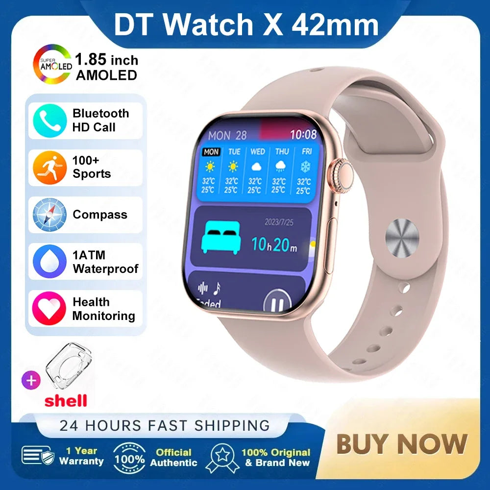 Novo Smartwatch DT Watch X Mini com Menu 3D, Vídeo, TWS, IA, Voz, Bússola, Teste de Saúde e Desporto, Música e Ecrã AMOLED de 1,85 polegadas para Mulher.