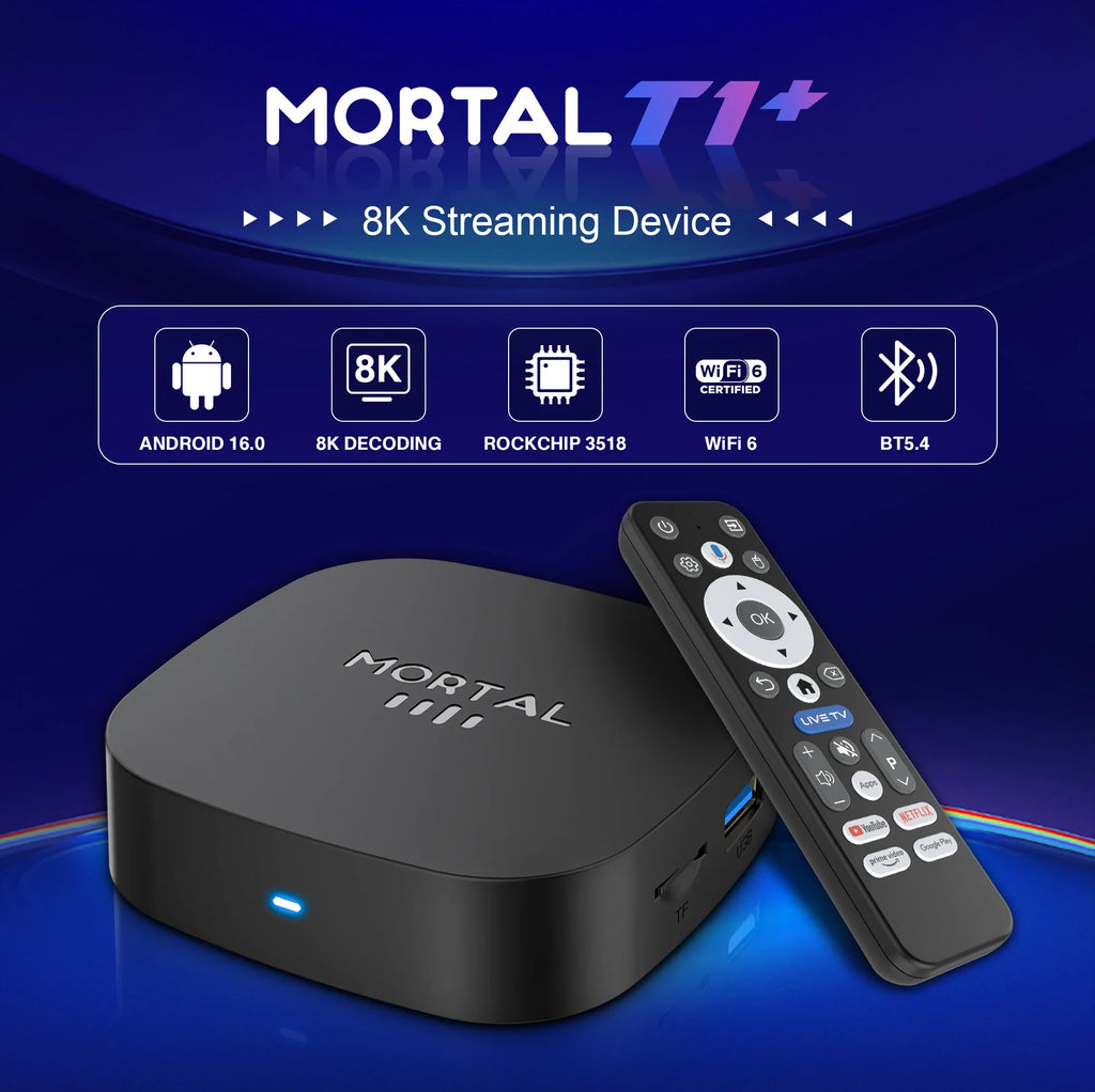 Novo T1+ 8K HD TV Box 2025 com Android 16.0, processador RK3518 Quad Core, 8GB de RAM, 128GB de ROM, Wi-Fi duplo 2.4G/5.8G e leitor de multimédia para cinema em casa.