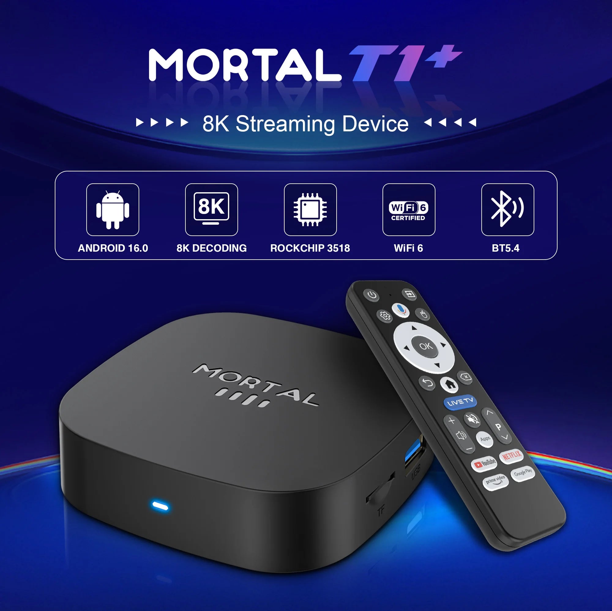 Novo T1+ 8K HD TV Box 2025 com Android 16.0, processador RK3518 Quad Core, 8GB de RAM, 128GB de ROM, Wi-Fi duplo 2.4G/5.8G e leitor de multimédia para cinema em casa.