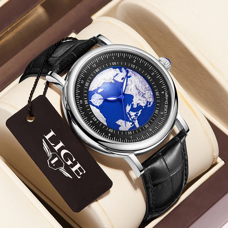 Relógio de pulso para homem LIGE Fashion Casual Quartz, em pele, luxuoso, estilo militar, desportivo, à prova de água, com um design inspirado na Terra e no Oceano.