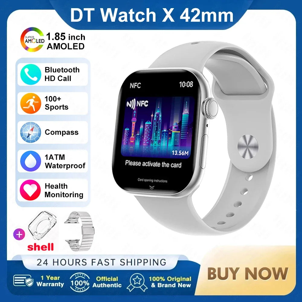 Novo Smartwatch DT Watch X Mini com Menu 3D, Vídeo, TWS, IA, Voz, Bússola, Teste de Saúde e Desporto, Música e Ecrã AMOLED de 1,85 polegadas para Mulher.