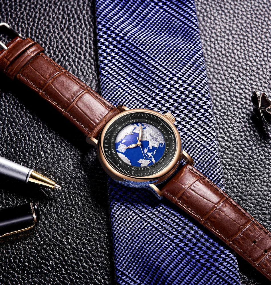 Relógio de pulso para homem LIGE Fashion Casual Quartz, em pele, luxuoso, estilo militar, desportivo, à prova de água, com um design inspirado na Terra e no Oceano.