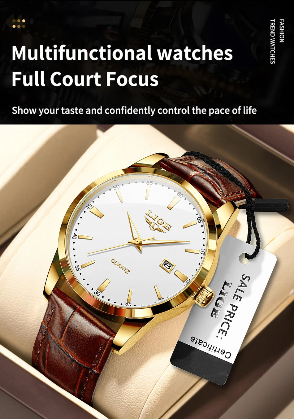 Relógio LIGE para Homem, Marca Top de Luxo, Relógio de Pulso em Pele Preta para Homem, Estilo Militar Desportivo, Resistente à Água, Quartzo.
