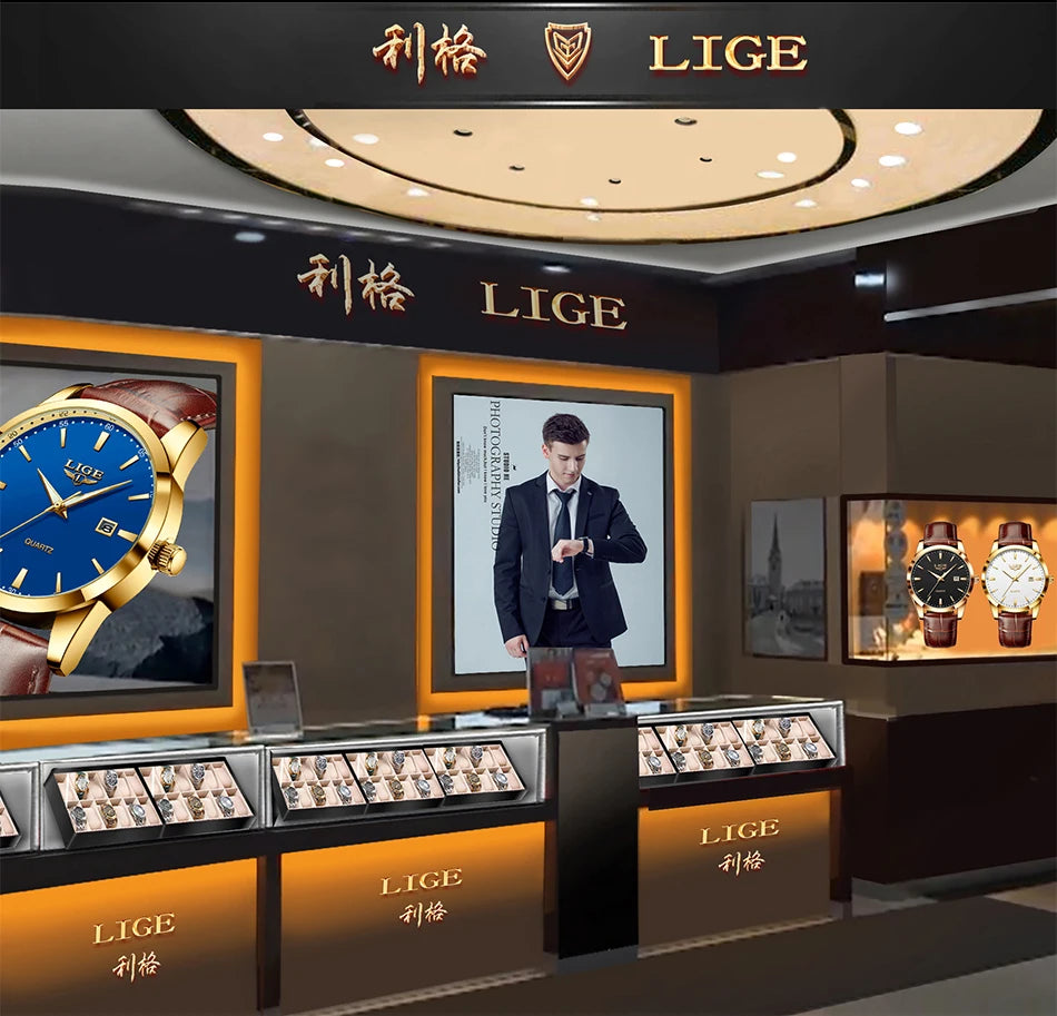 Relógio LIGE para Homem, Marca Top de Luxo, Relógio de Pulso em Pele Preta para Homem, Estilo Militar Desportivo, Resistente à Água, Quartzo.