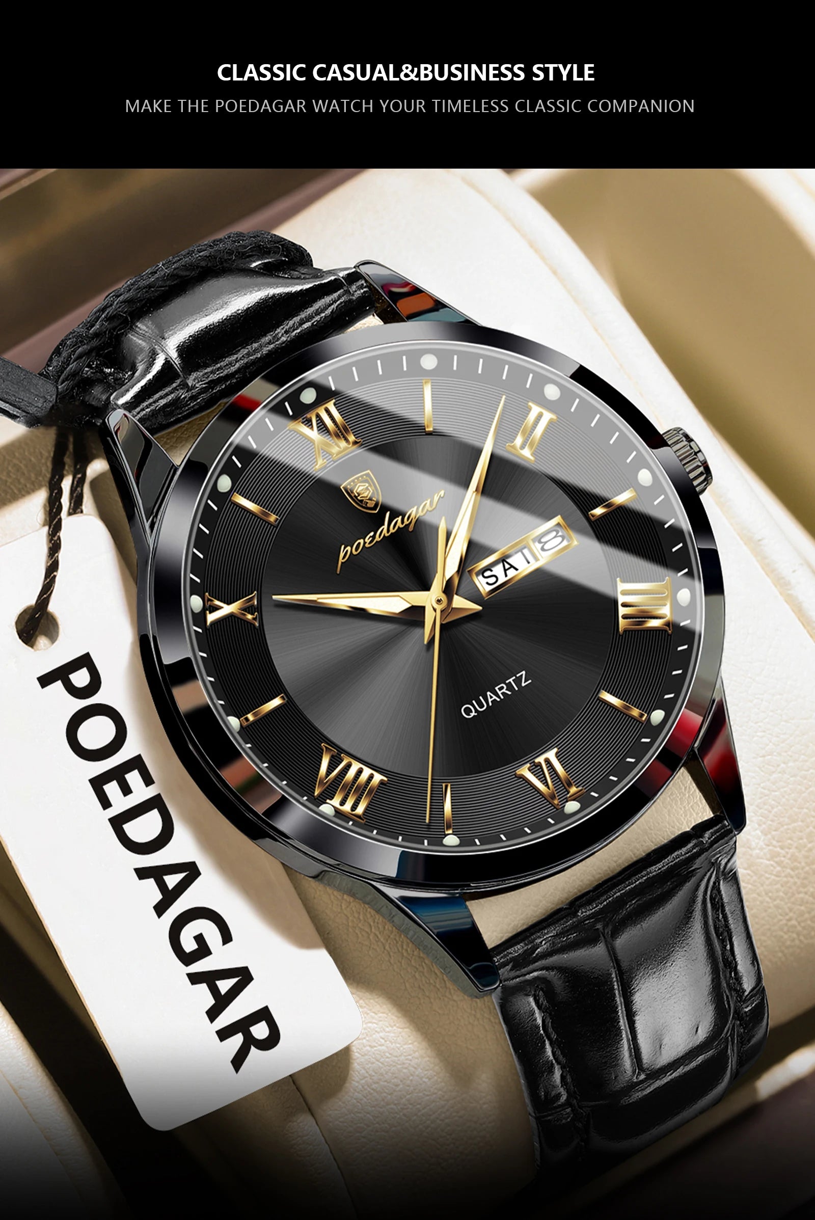 Relógio de pulso de luxo POEDAGAR para homem, à prova de água, com luminescência, data e indicador de semana, em pele, com mecanismo de quartzo. Um relógio de pulso masculino requintado.