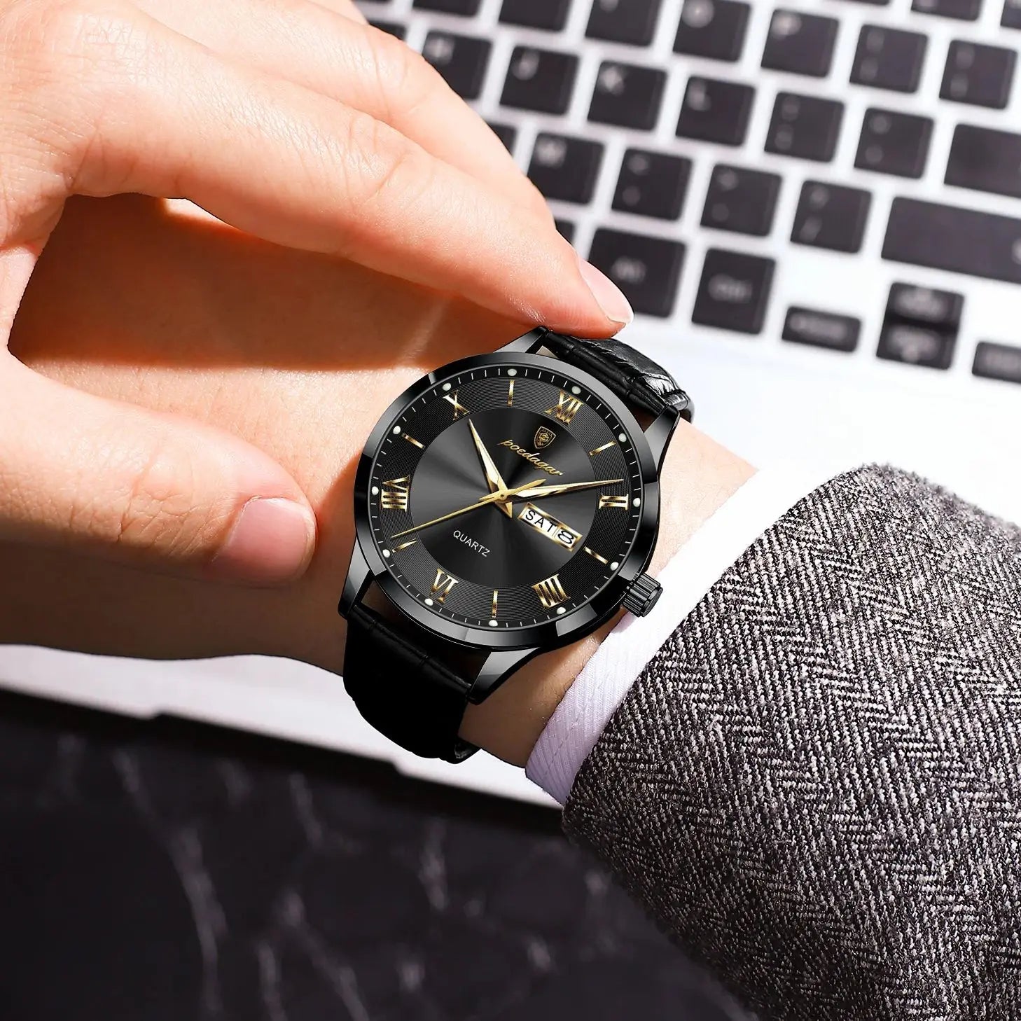 Relógio de pulso de luxo POEDAGAR para homem, à prova de água, com luminescência, data e indicador de semana, em pele, com mecanismo de quartzo. Um relógio de pulso masculino requintado.