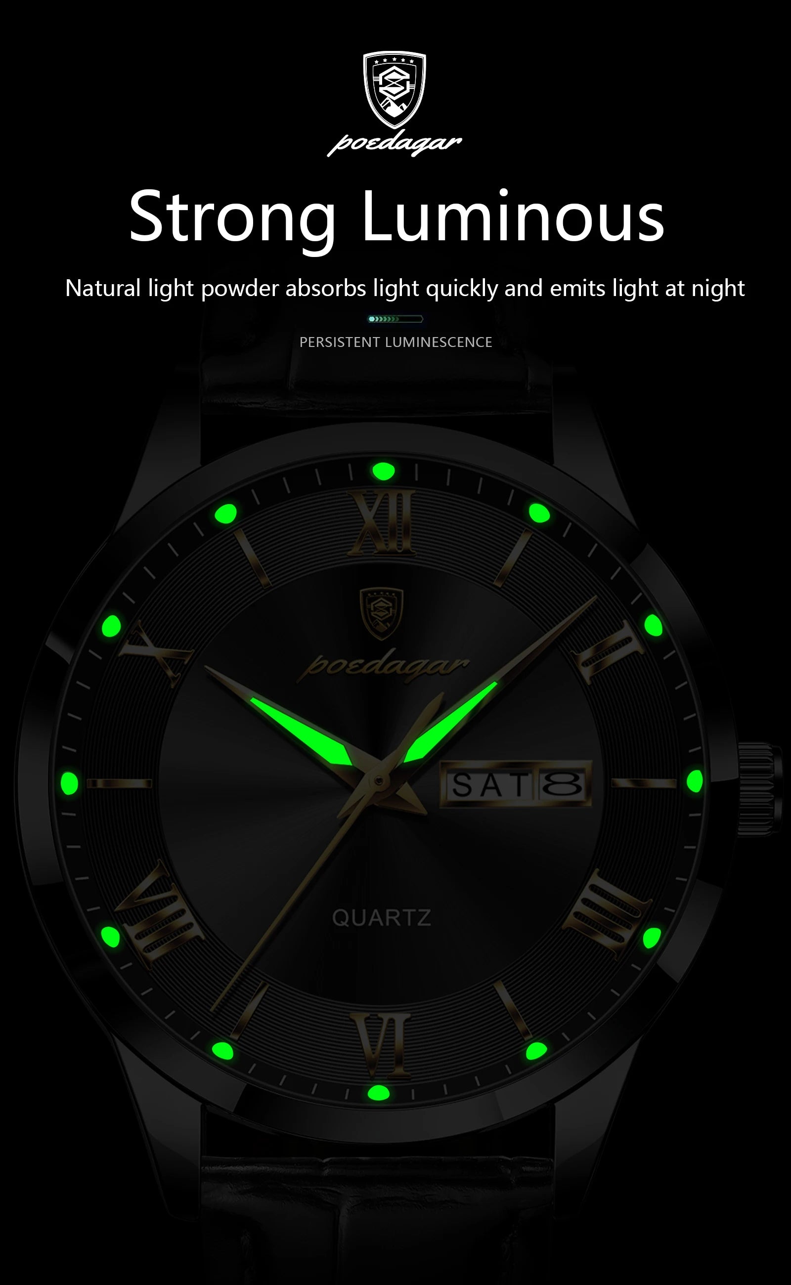 Relógio de pulso de luxo POEDAGAR para homem, à prova de água, com luminescência, data e indicador de semana, em pele, com mecanismo de quartzo. Um relógio de pulso masculino requintado.