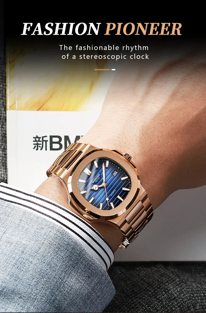 Novo relógio masculino casual de negócios em ouro rosa