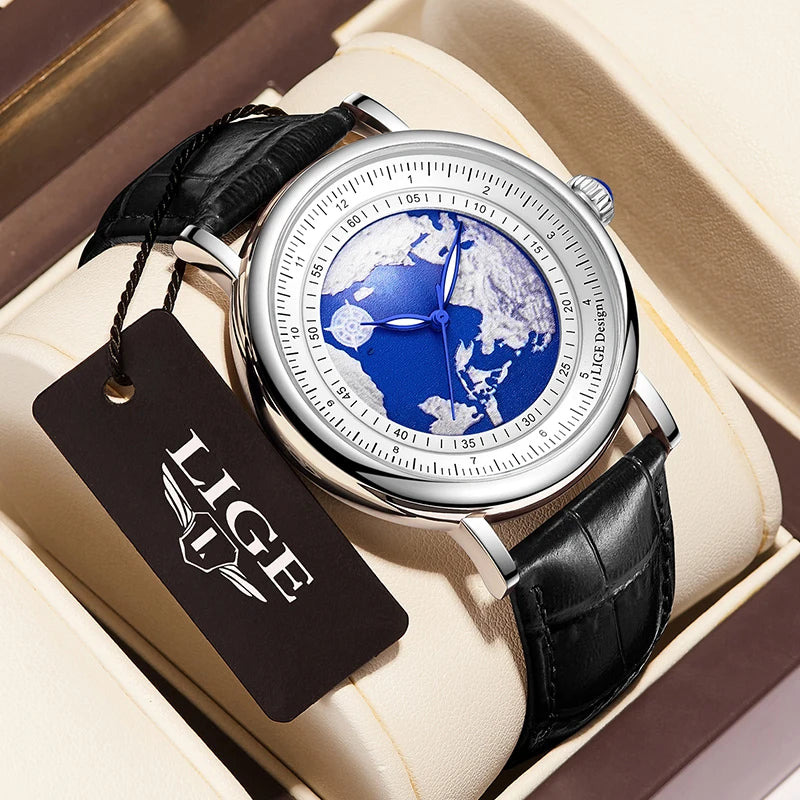 Relógio de pulso para homem LIGE Fashion Casual Quartz, em pele, luxuoso, estilo militar, desportivo, à prova de água, com um design inspirado na Terra e no Oceano.