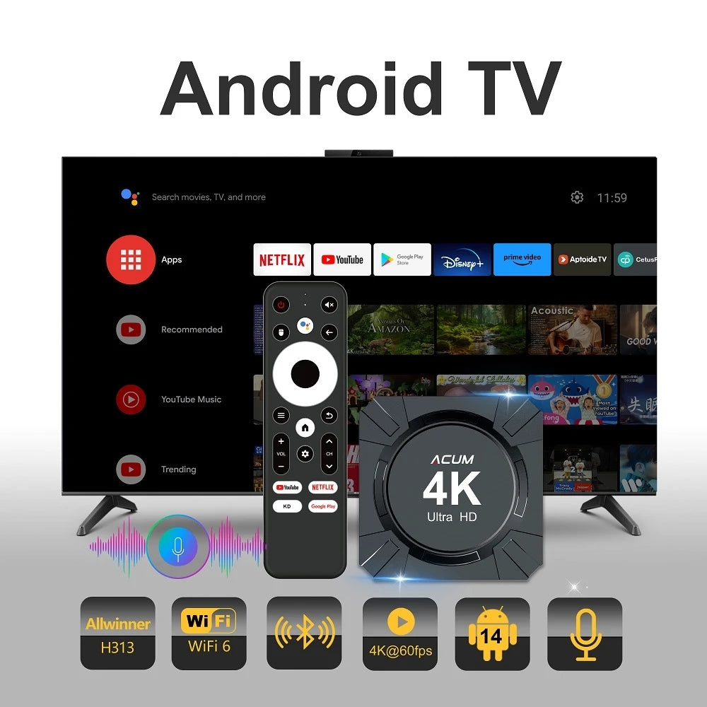 Android 14 TV Box Allwinner H313 2GB 16GB 4K Media Player com Comando Remoto por Voz ATV STB Dual-Band WiFi 2.4G 5G Smart Set Top Box