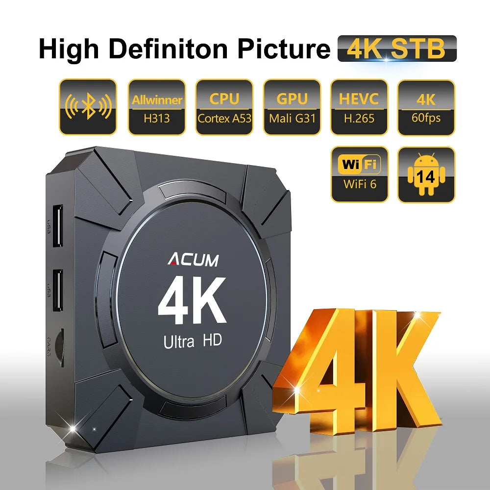Android 14 TV Box Allwinner H313 2GB 16GB 4K Media Player com Comando Remoto por Voz ATV STB Dual-Band WiFi 2.4G 5G Smart Set Top Box