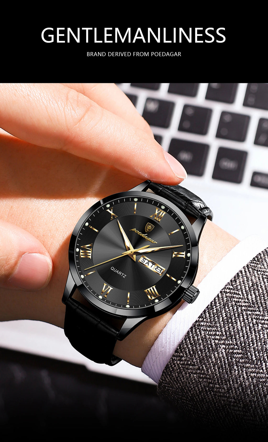 Relógio de pulso de luxo POEDAGAR para homem, à prova de água, com luminescência, data e indicador de semana, em pele, com mecanismo de quartzo. Um relógio de pulso masculino requintado.