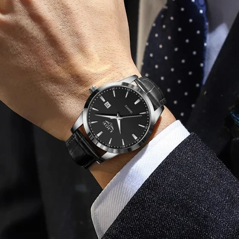 Relógio LIGE para Homem, Marca Top de Luxo, Relógio de Pulso em Pele Preta para Homem, Estilo Militar Desportivo, Resistente à Água, Quartzo.