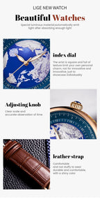 Relógio de pulso para homem LIGE Fashion Casual Quartz, em pele, luxuoso, estilo militar, desportivo, à prova de água, com um design inspirado na Terra e no Oceano.