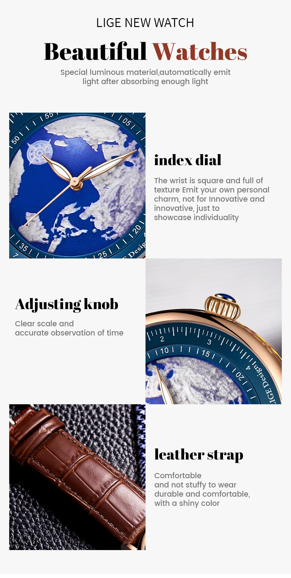 Relógio de pulso para homem LIGE Fashion Casual Quartz, em pele, luxuoso, estilo militar, desportivo, à prova de água, com um design inspirado na Terra e no Oceano.