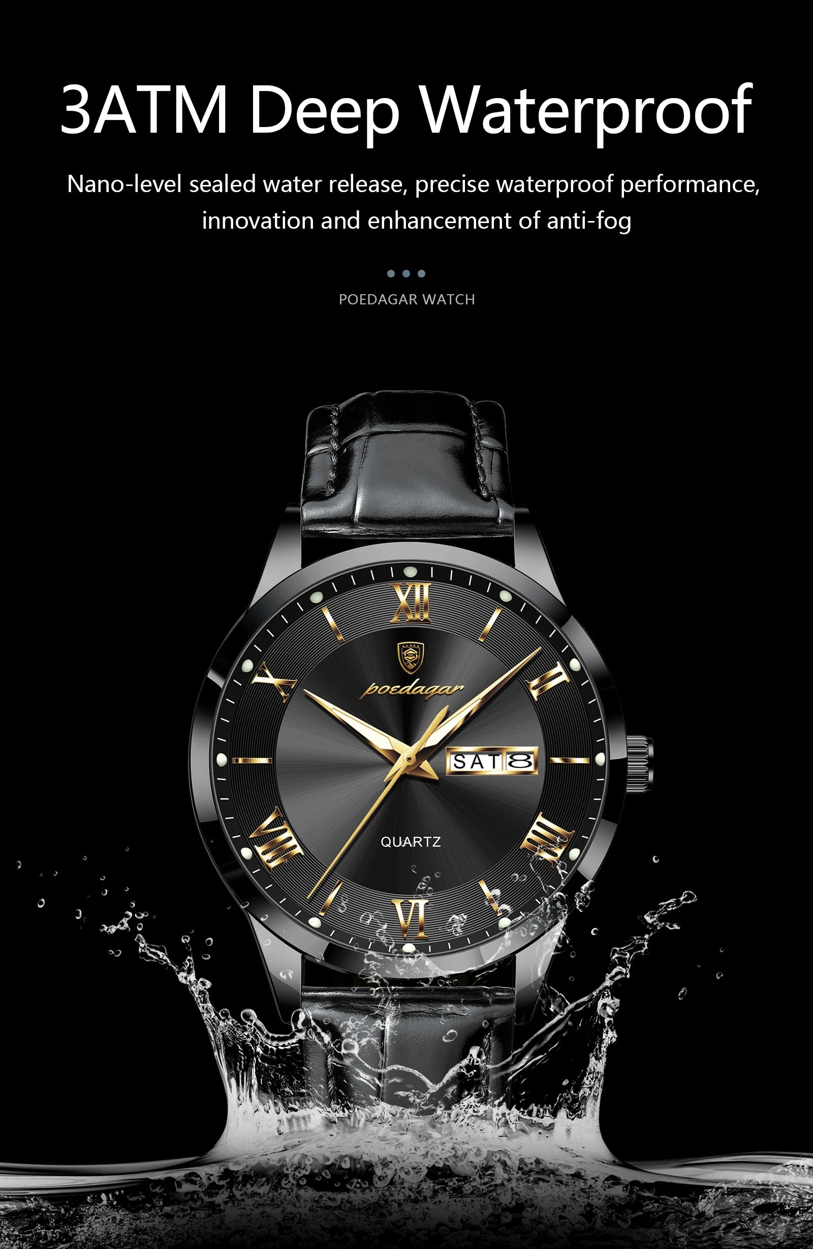 Relógio de pulso de luxo POEDAGAR para homem, à prova de água, com luminescência, data e indicador de semana, em pele, com mecanismo de quartzo. Um relógio de pulso masculino requintado.