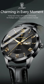 Relógio de pulso de luxo POEDAGAR para homem, à prova de água, com luminescência, data e indicador de semana, em pele, com mecanismo de quartzo. Um relógio de pulso masculino requintado.
