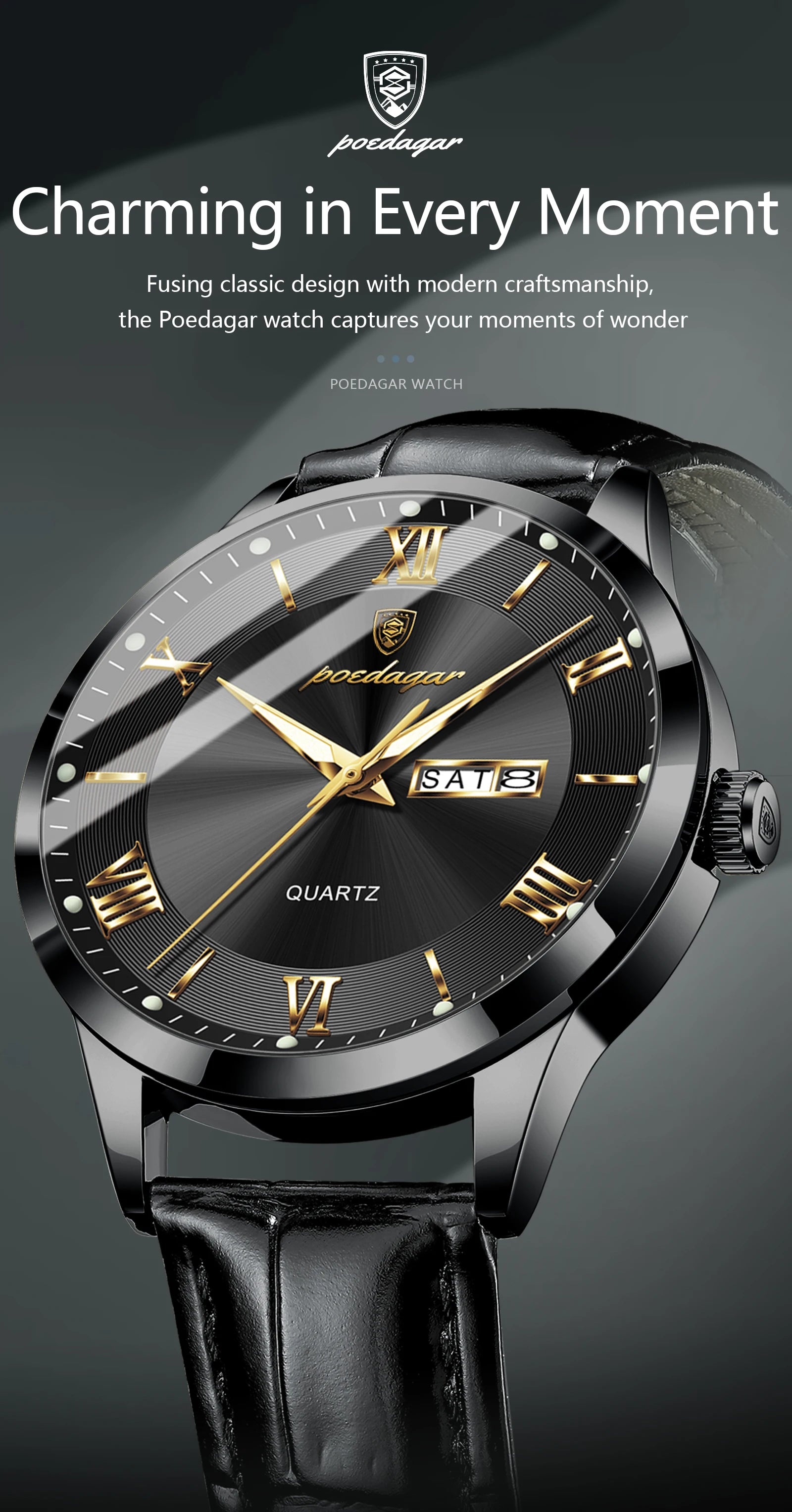 Relógio de pulso de luxo POEDAGAR para homem, à prova de água, com luminescência, data e indicador de semana, em pele, com mecanismo de quartzo. Um relógio de pulso masculino requintado.