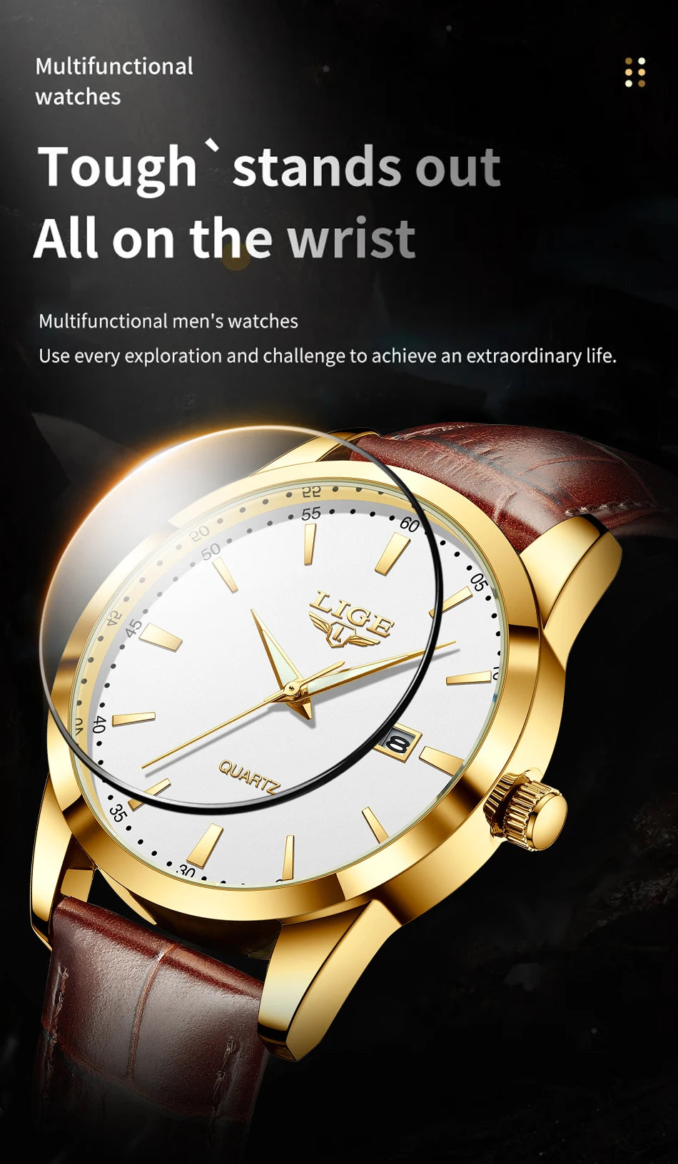 Relógio LIGE para Homem, Marca Top de Luxo, Relógio de Pulso em Pele Preta para Homem, Estilo Militar Desportivo, Resistente à Água, Quartzo.