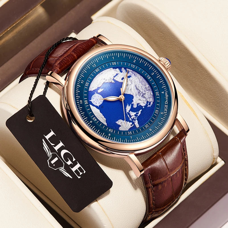 Relógio de pulso para homem LIGE Fashion Casual Quartz, em pele, luxuoso, estilo militar, desportivo, à prova de água, com um design inspirado na Terra e no Oceano.