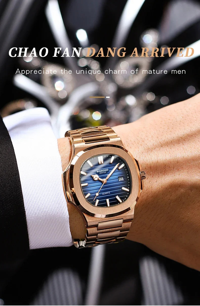 Novo relógio masculino casual de negócios em ouro rosa