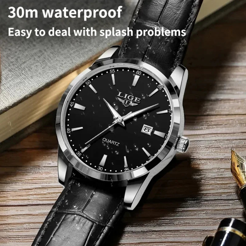 Relógio LIGE para Homem, Marca Top de Luxo, Relógio de Pulso em Pele Preta para Homem, Estilo Militar Desportivo, Resistente à Água, Quartzo.