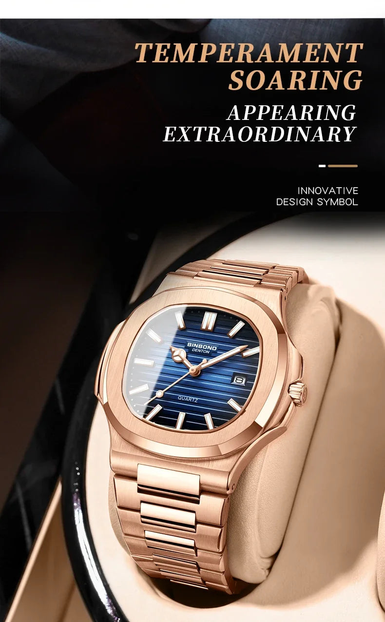 Novo relógio masculino casual de negócios em ouro rosa